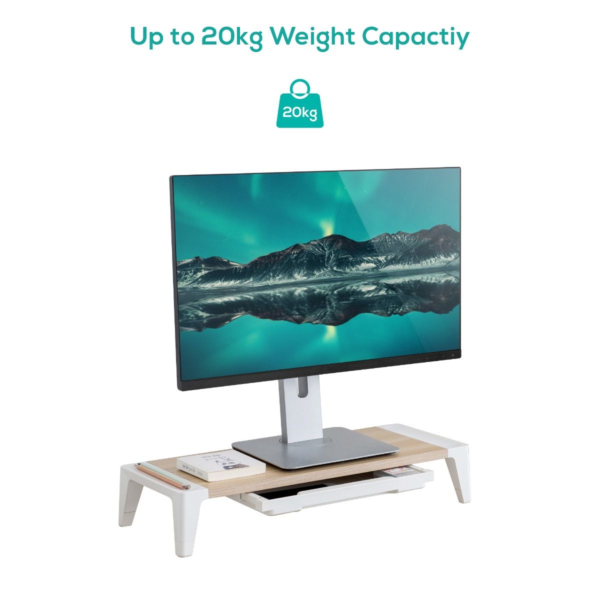 monitor stand riser with storage drawer and monitor, light wood top on white legs