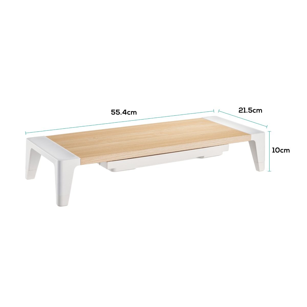 monitor stand riser with storage drawer, light wood top, shown with size dimensions
