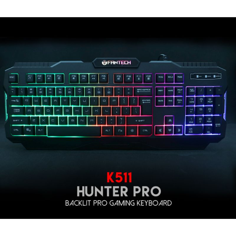 Backlit gaming keyboard with multicolor RGB key zones and FN/arrow cluster; K511 model
