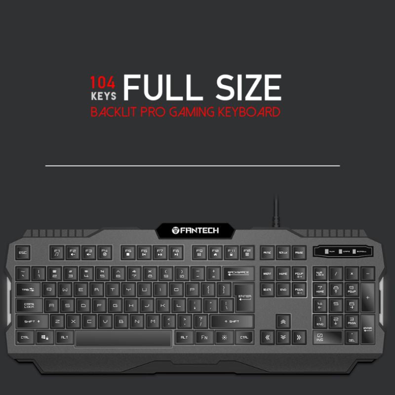Full-size gaming keyboard, top view, dark keycaps with multicolor backlighting