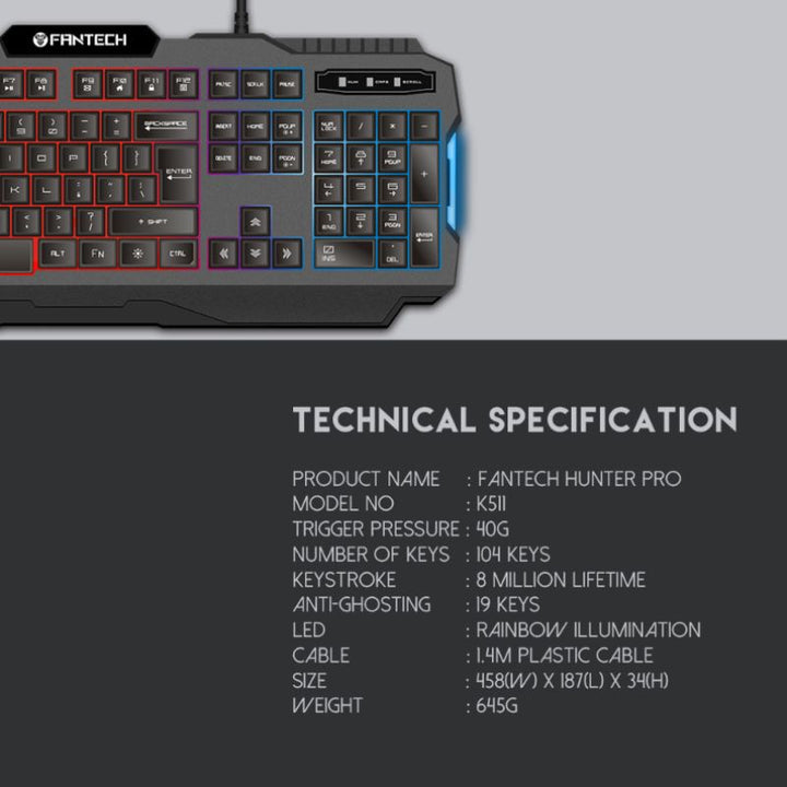 Gaming keyboard corner with RGB backlit keys and visible technical specification text