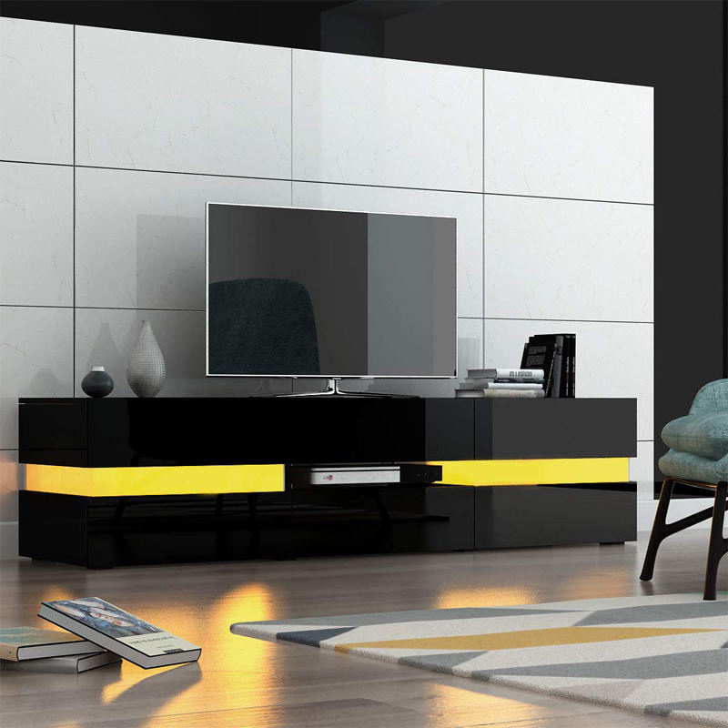 Black high-gloss TV entertainment unit with front LED strip and wide storage drawers