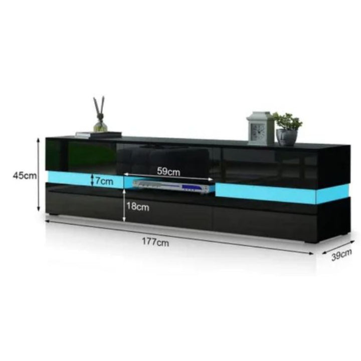 Black TV unit with LED accents, 177cm wide, 45cm high, front storage drawer