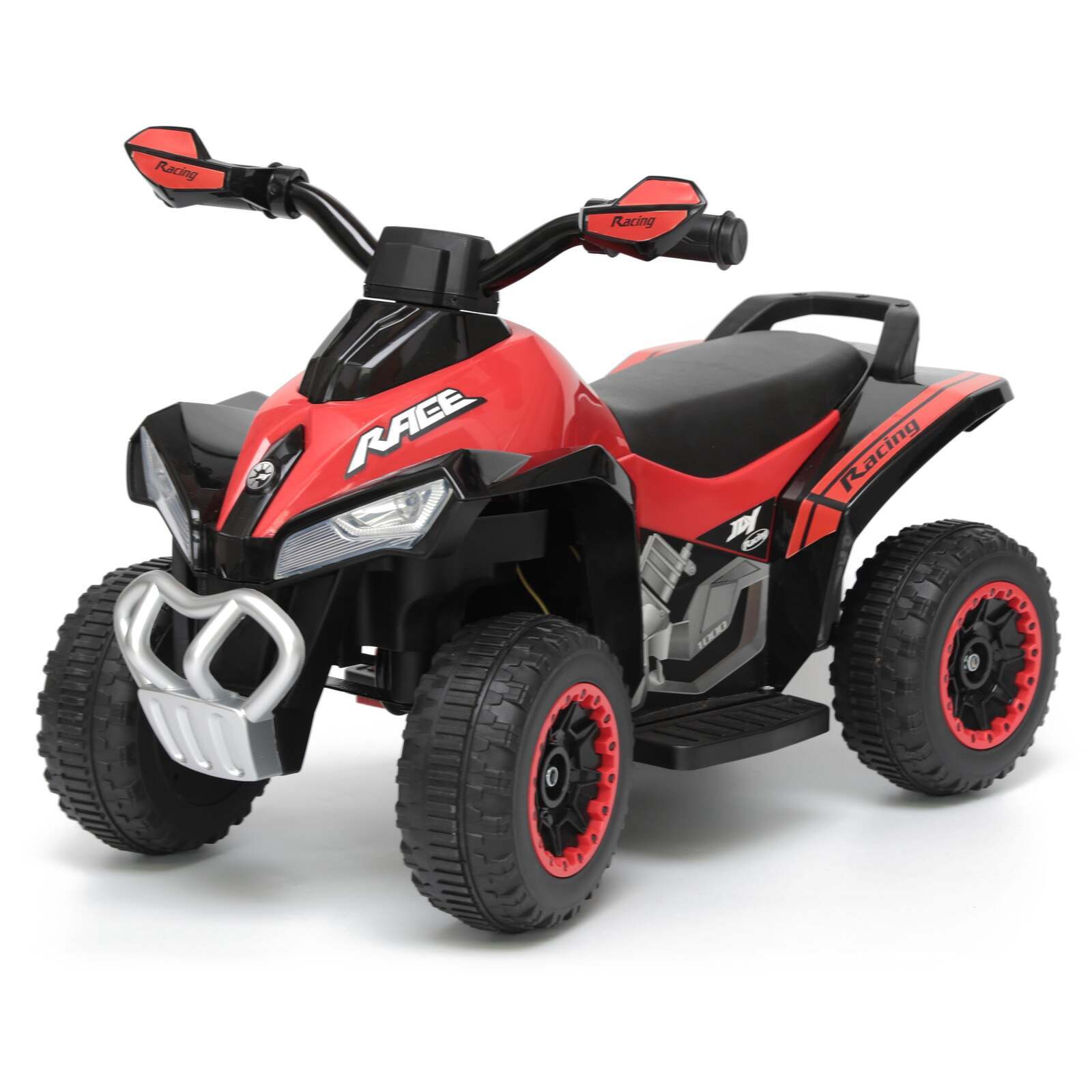 Red and black kids electric ride-on ATV, four wheels, front grille and headlights