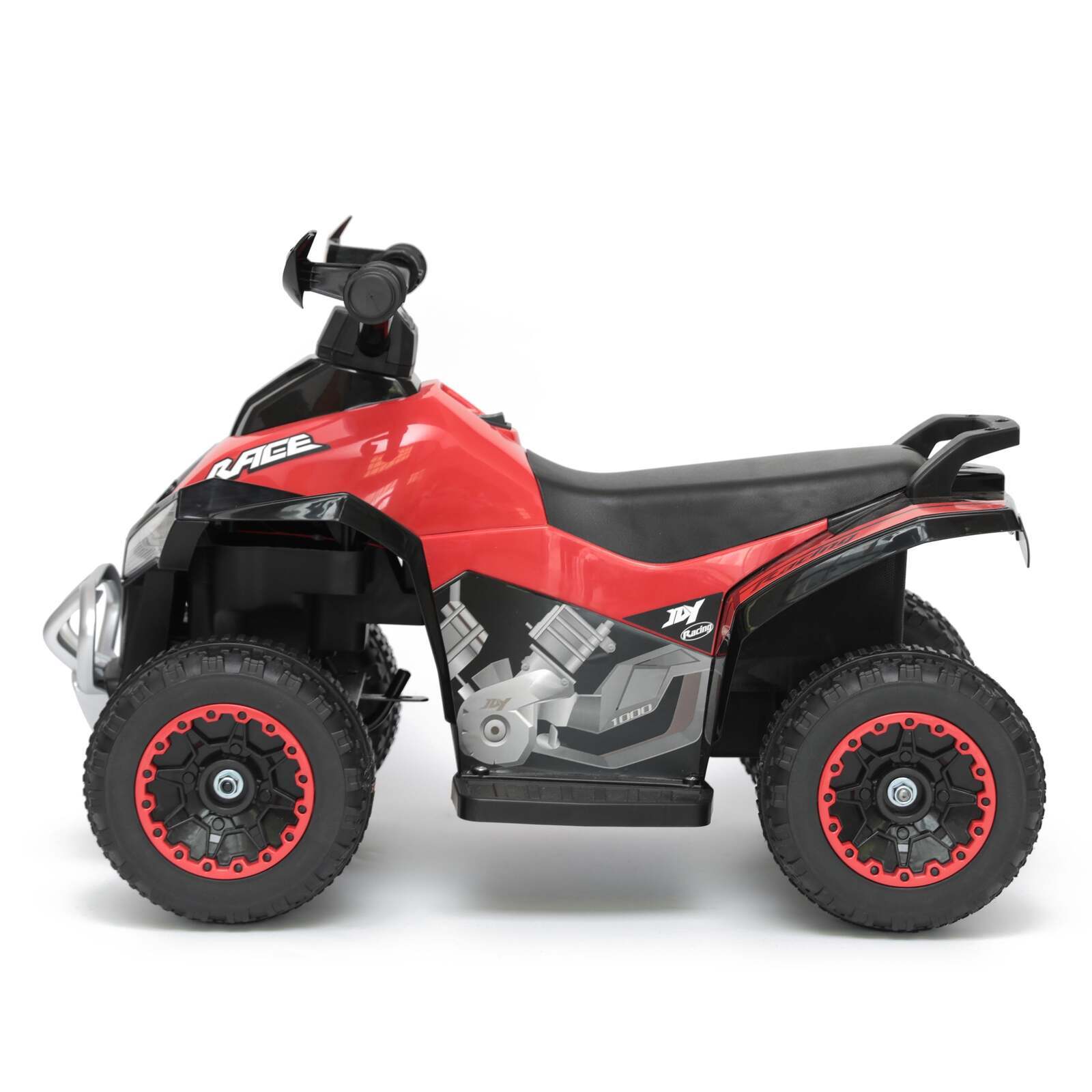 Red and black kids ride-on ATV side view, four wheels and handlebar dashboard