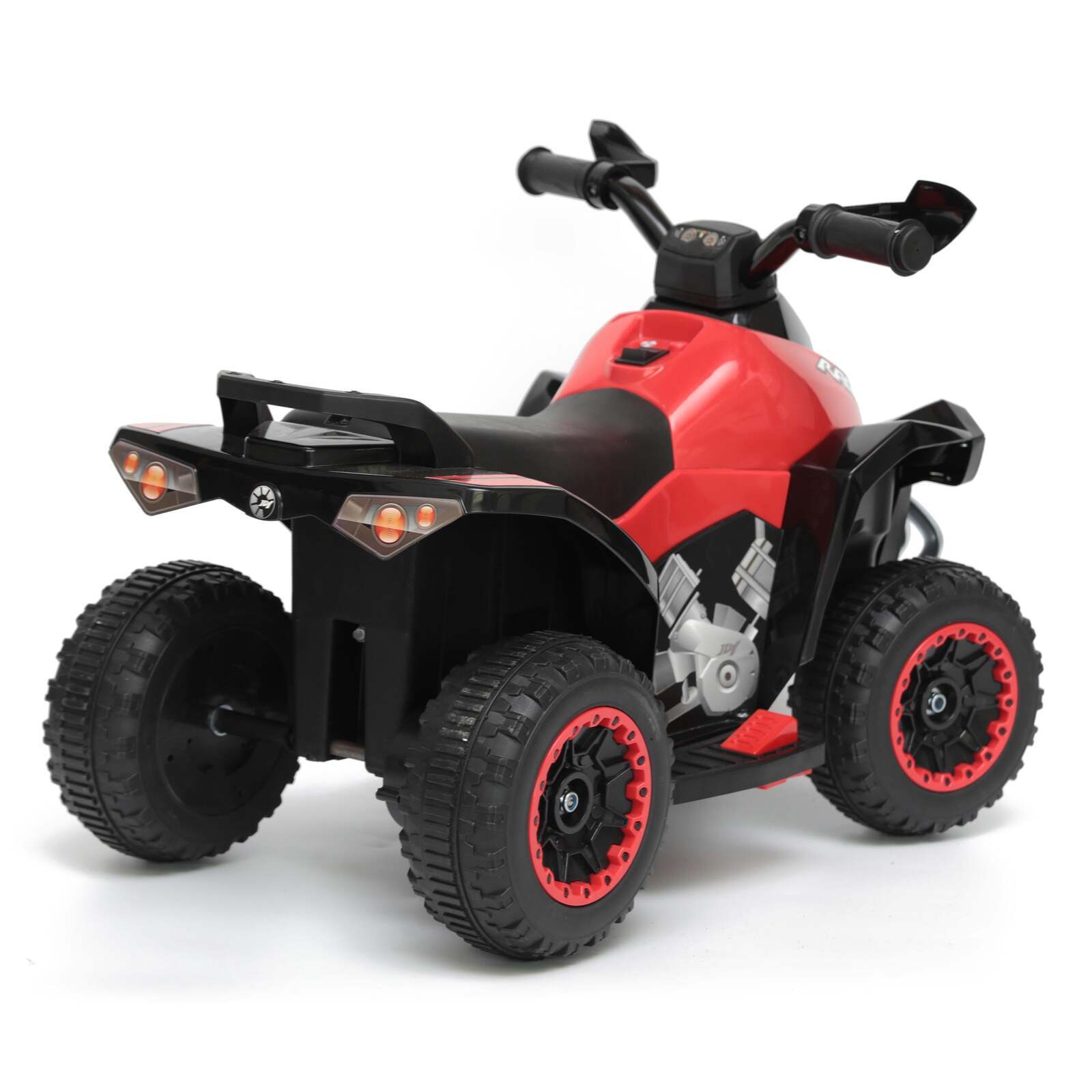 Red and black kids electric ride-on ATV, four wheels, rear lights bar and rugged tires