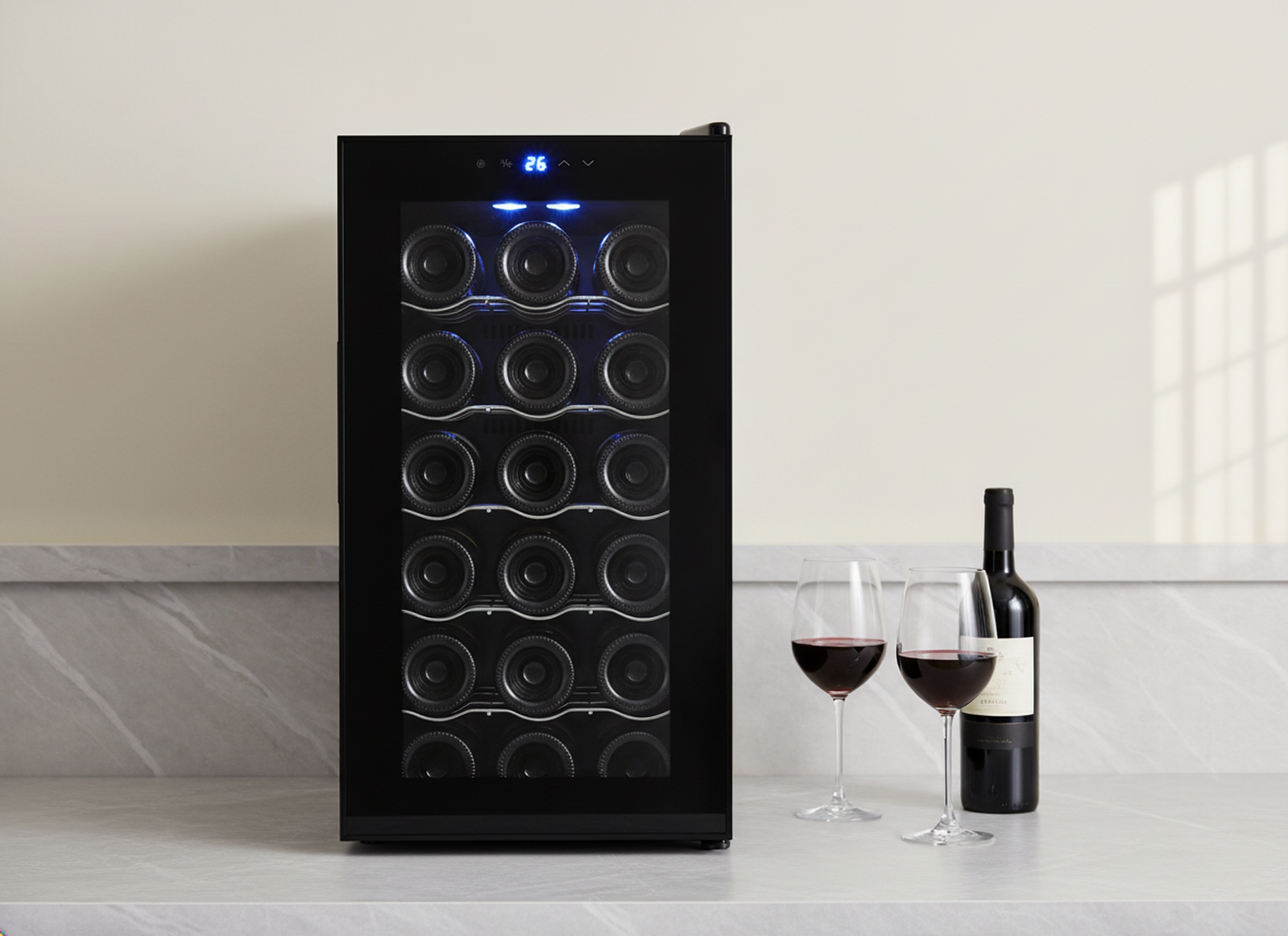 18 Bottle Thermoelectric Wine Fridge, 130W, UV Protected Glass Door, Soft LED Illumination