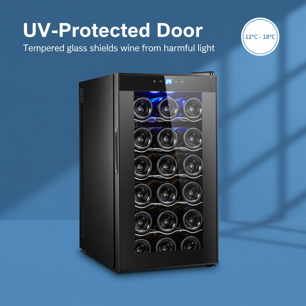 18 Bottle Thermoelectric Wine Fridge, 130W, UV Protected Glass Door, Soft LED Illumination