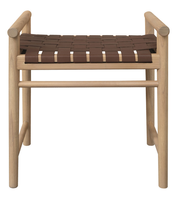 Natural wood bench with dark woven leather seat and back straps
