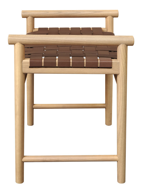 Natural wood bench with woven dark leather seat and open back frame