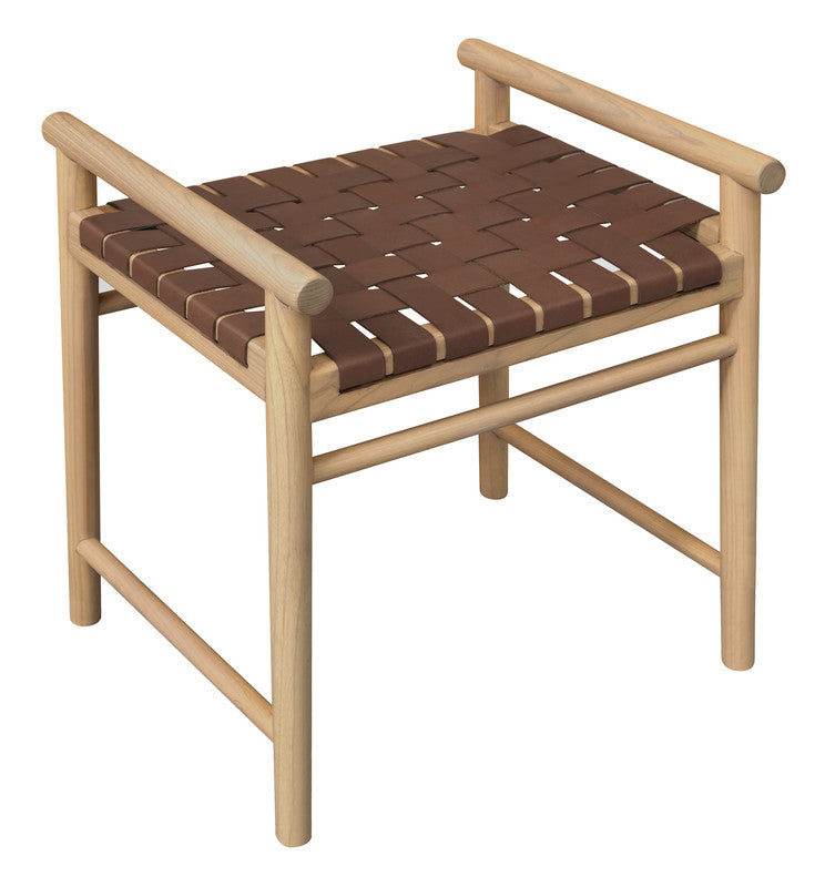 Natural wood single-seater bench with dark woven leather top and armrests