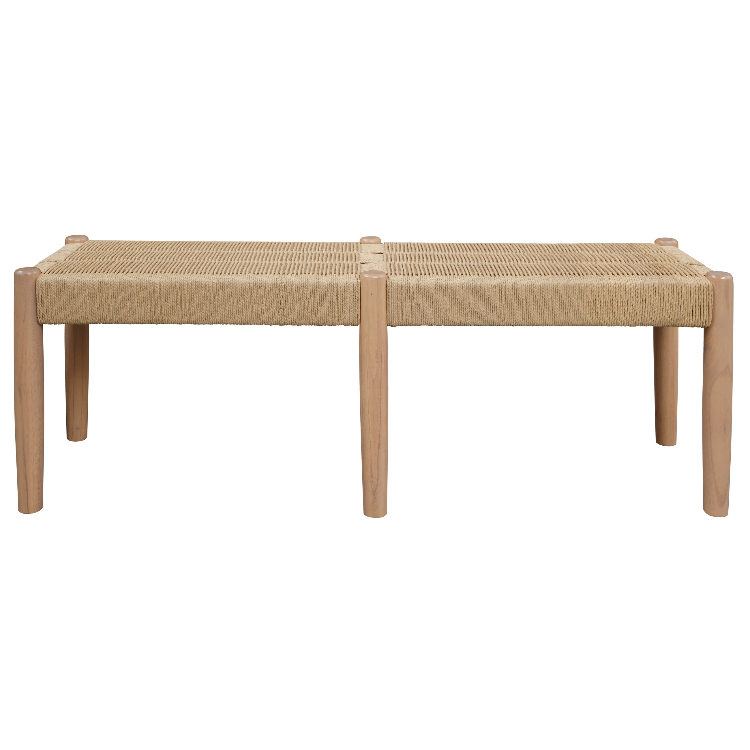 Natural oak bench with woven fabric seat and four straight legs