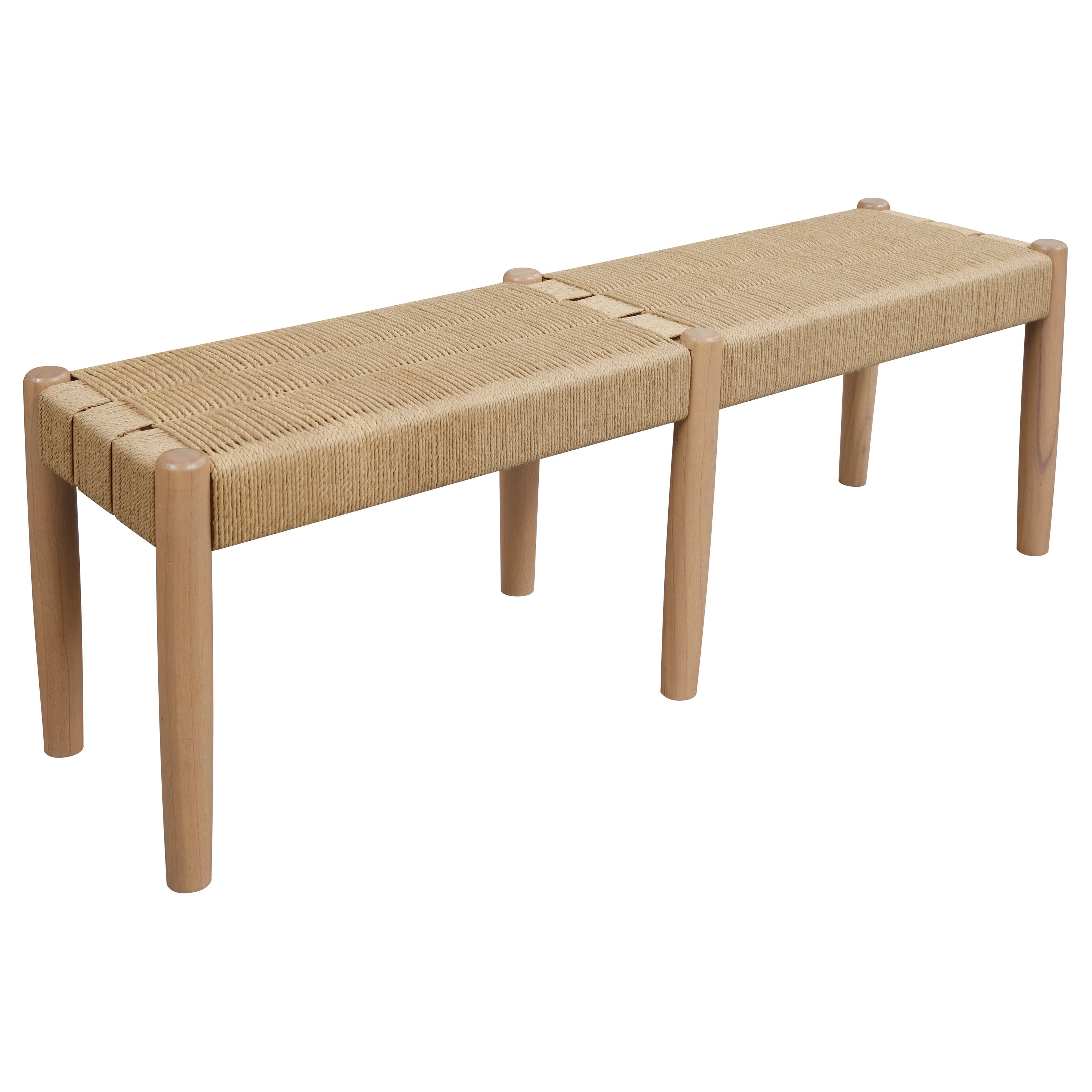 Natural oak bench with woven fabric seat and two padded sections, four legs