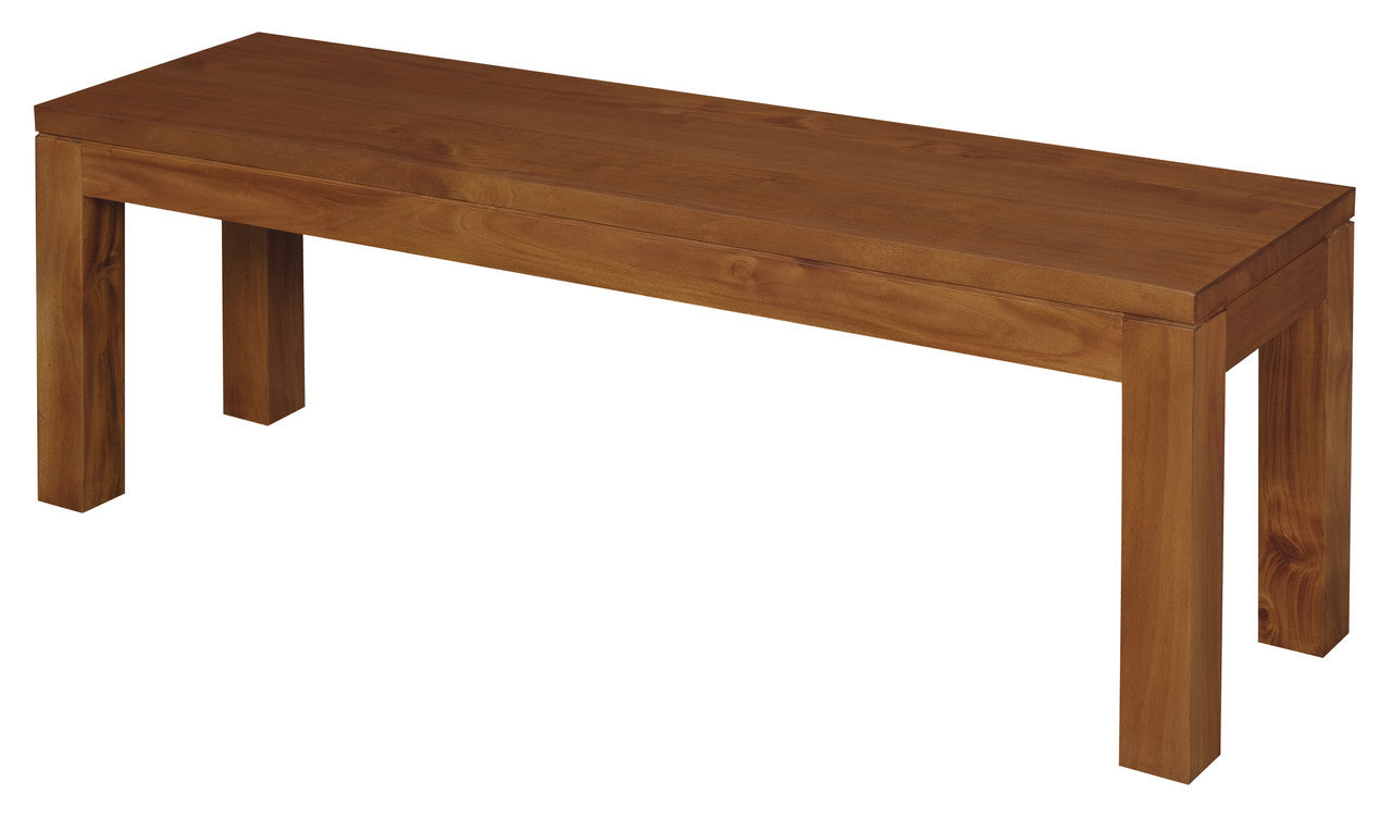Light pecan wood bench angled view with tapered legs and smooth tabletop
