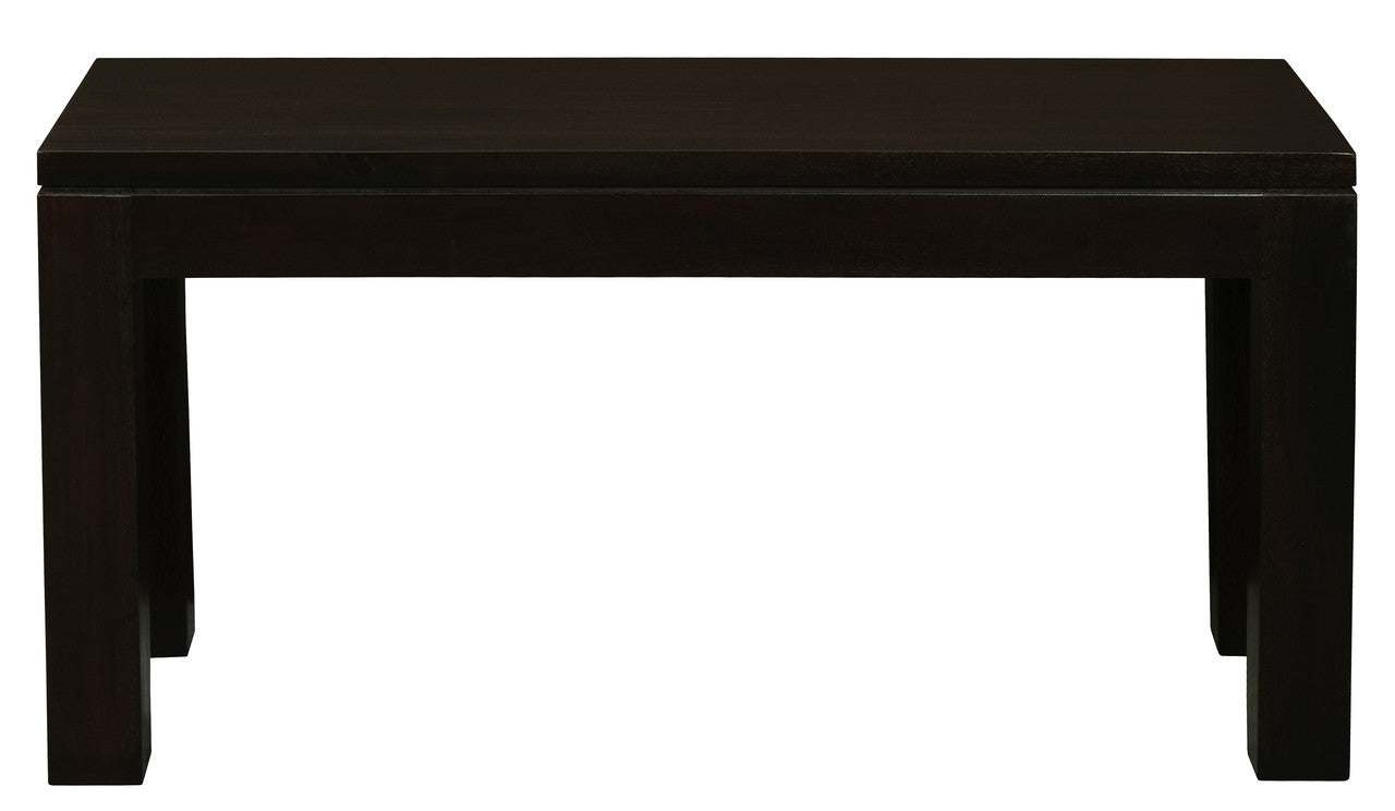 Chocolate solid timber bench with flat rectangular top and four square legs
