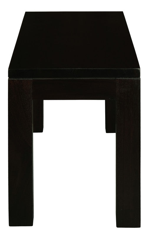 Chocolate solid timber bench with flat rectangular top and thick corner posts