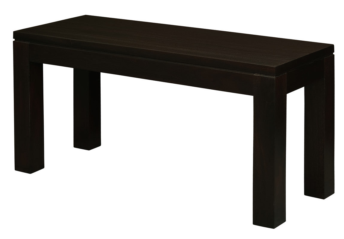 Chocolate solid timber bench with flat rectangular top and sturdy legs in corner view