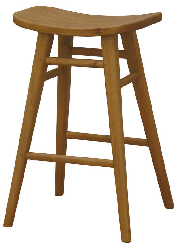 Caramel timber counter stool with oval seat, angled legs, and front cross slats