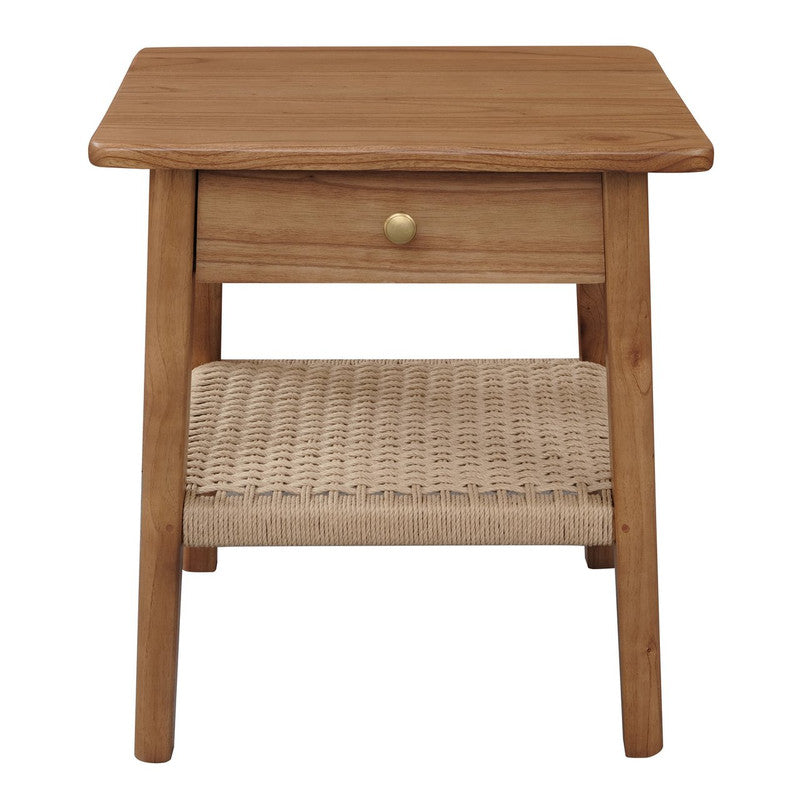 Almond bedside table with one drawer and open woven lower shelf, wood legs