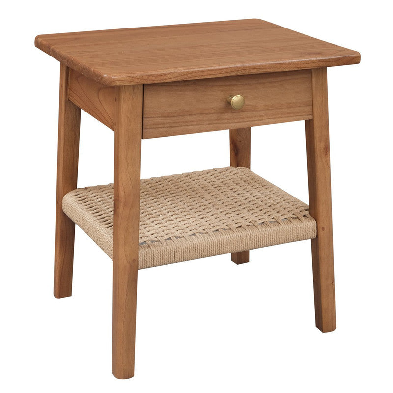 Almond bedside table with one drawer, open lower shelf with woven cushion