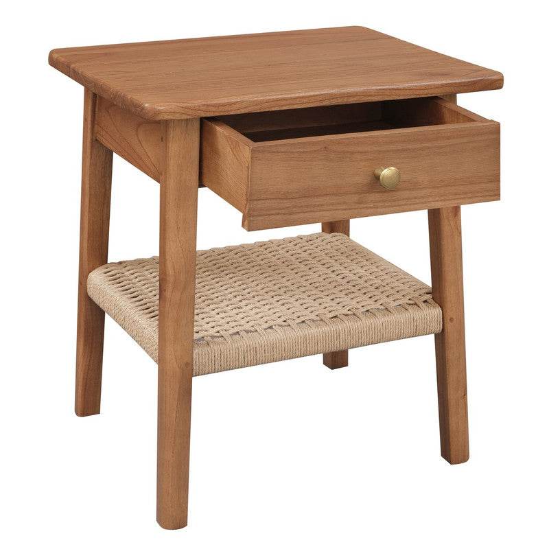 Almond bedside table with open drawer and woven lower shelf cushion on legs