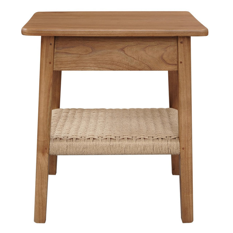 Almond bedside table with open space and woven lower shelf, four wooden legs