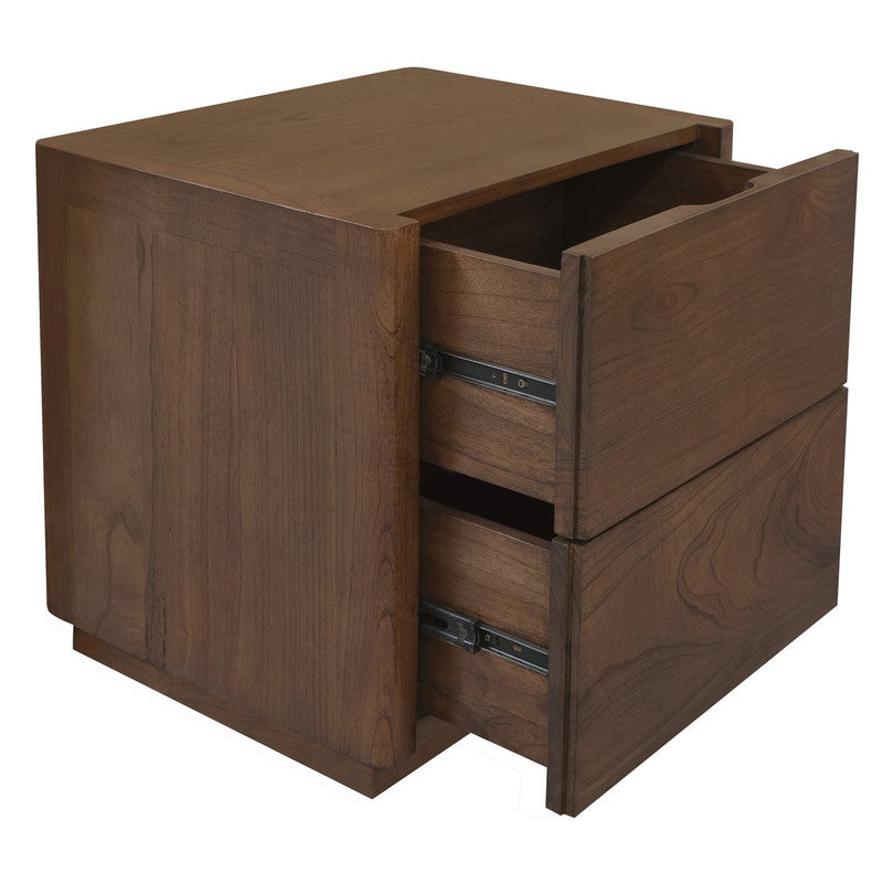 Walnut 2-drawer bedside table with two open drawers and metal glides