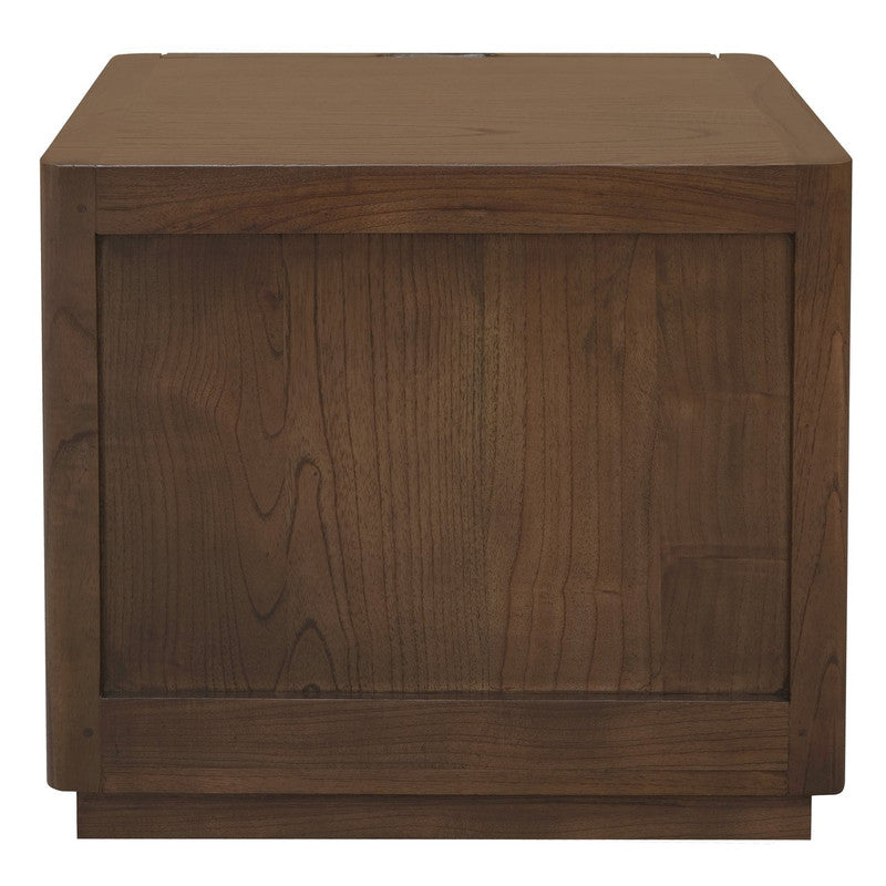 Walnut 2-drawer bedside table with large rear panel and two drawer sections