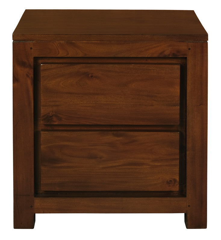 Mahogany 2-drawer bedside table with framed drawer fronts and square legs.