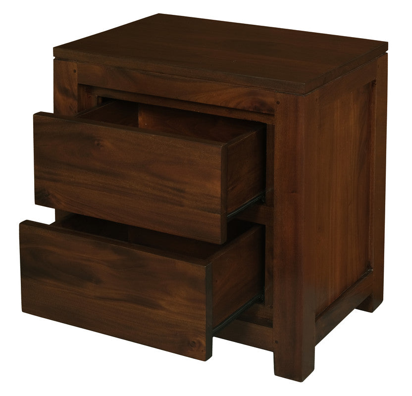 Mahogany bedside table with two drawers; upper drawer open and lower drawer closed.