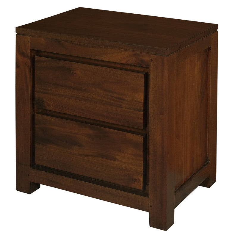 Mahogany 2-drawer bedside table with dark wood finish, framed drawer fronts, square legs.