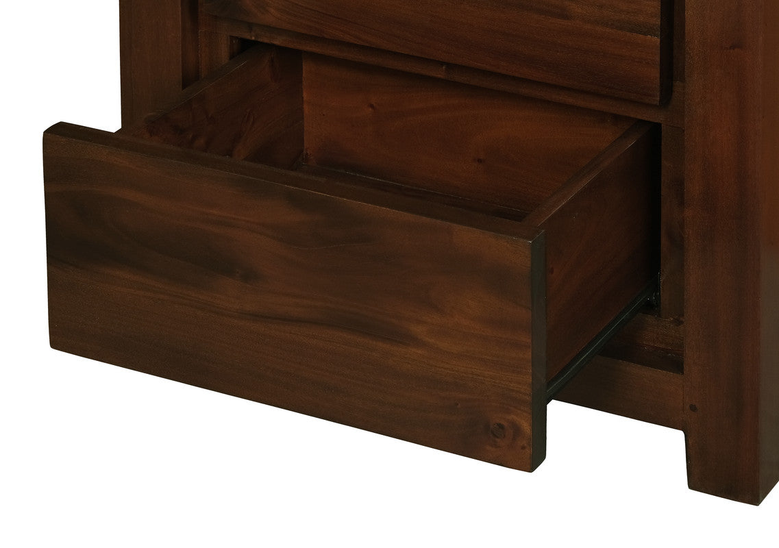 Mahogany bedside table with open drawer, showing interior and drawer front panel.