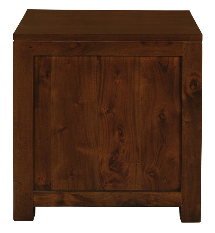 Mahogany bedside table with framed drawer front, visible wood grain, and square legs.