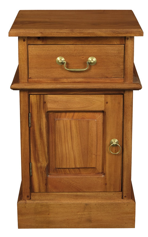 Light pecan bedside cabinet with one drawer and a cabinet door, brass-tone handles
