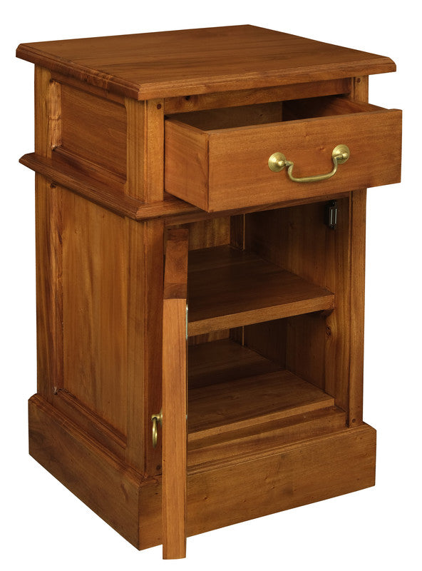 Light pecan bedside cabinet with pull-out drawer and open lower compartments