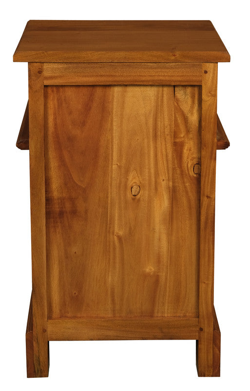Light pecan bedside cabinet with a single door panel and round brass-tone knob