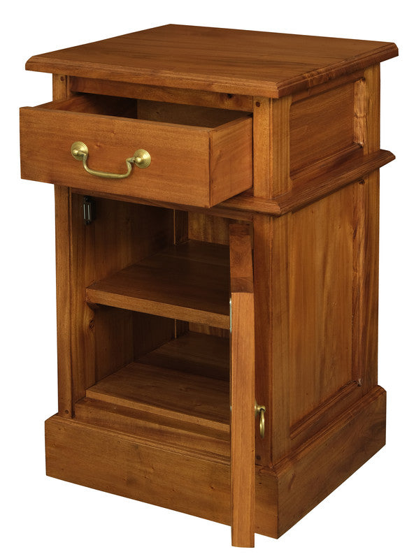 Light pecan bedside cabinet showing open shelf, drawer, and brass bar handle.