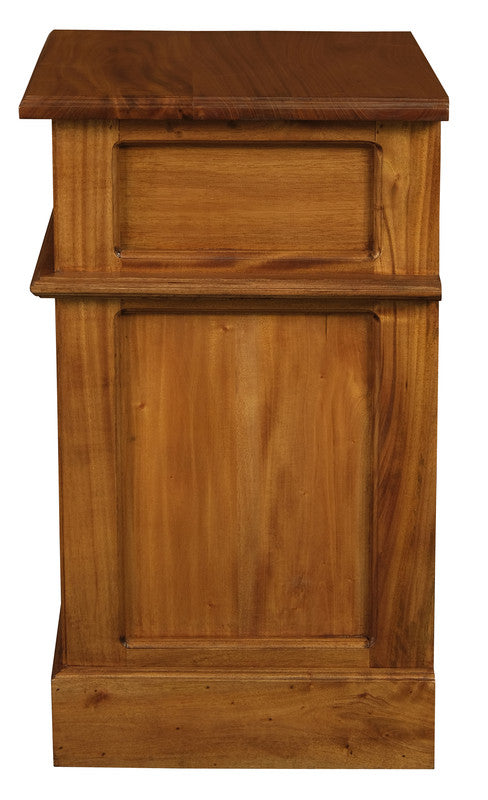 Light pecan bedside cabinet with 1 drawer and paneled door, brass pull handles.