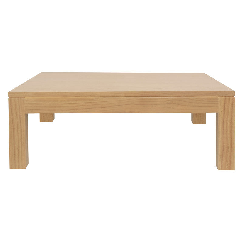Natural mindi coffee table with rectangular top and four short block legs
