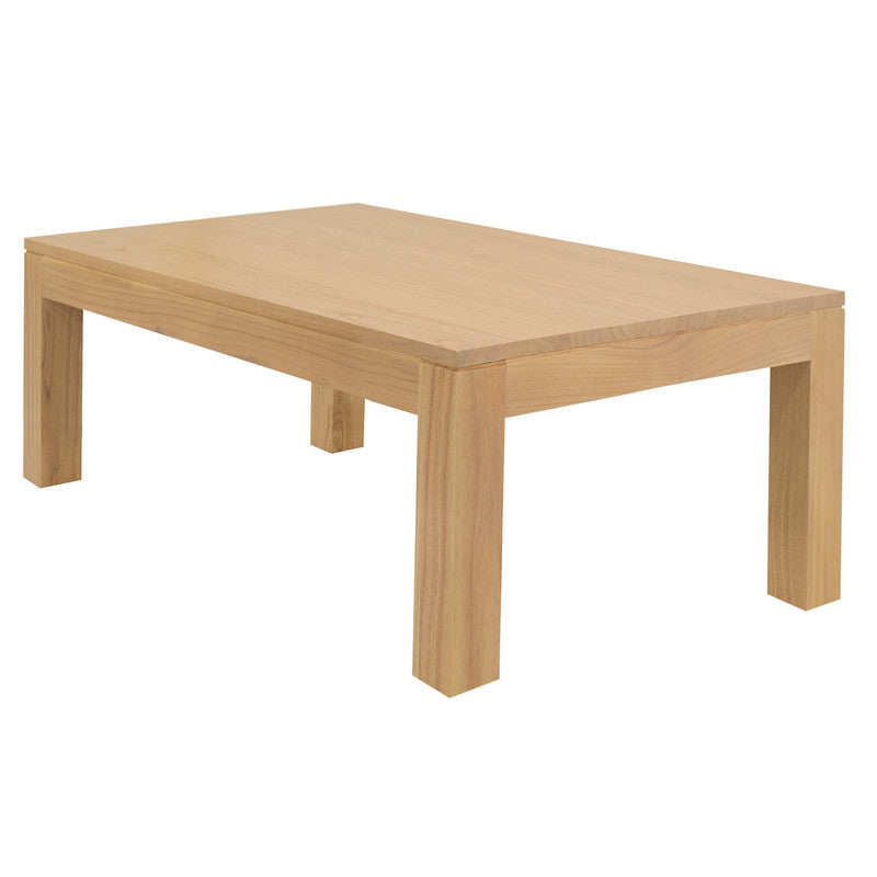 Natural mindi coffee table with square top and chunky legs, angled view