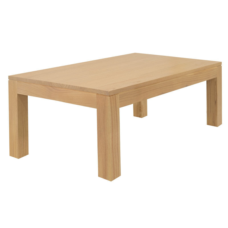 Natural mindi coffee table with wide rectangular tabletop and four legs, corner view