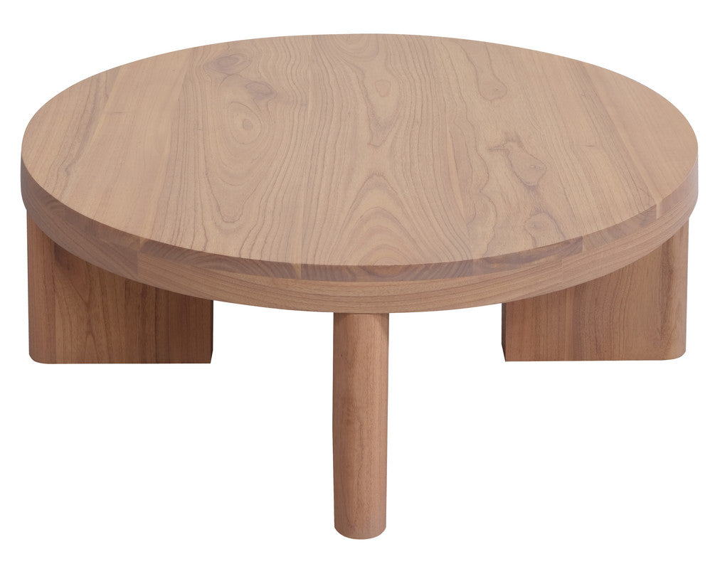 Natural wood round coffee table with smooth round top and thick side supports