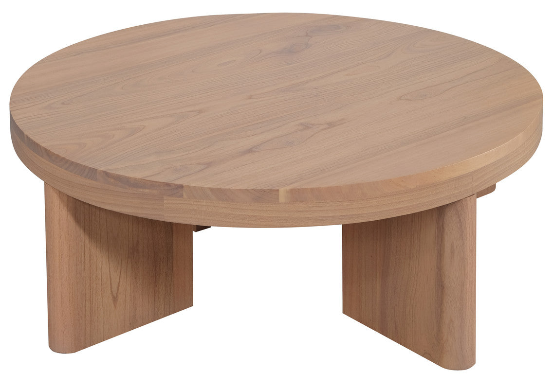 Natural wood round coffee table with recessed apron and four short tapered legs