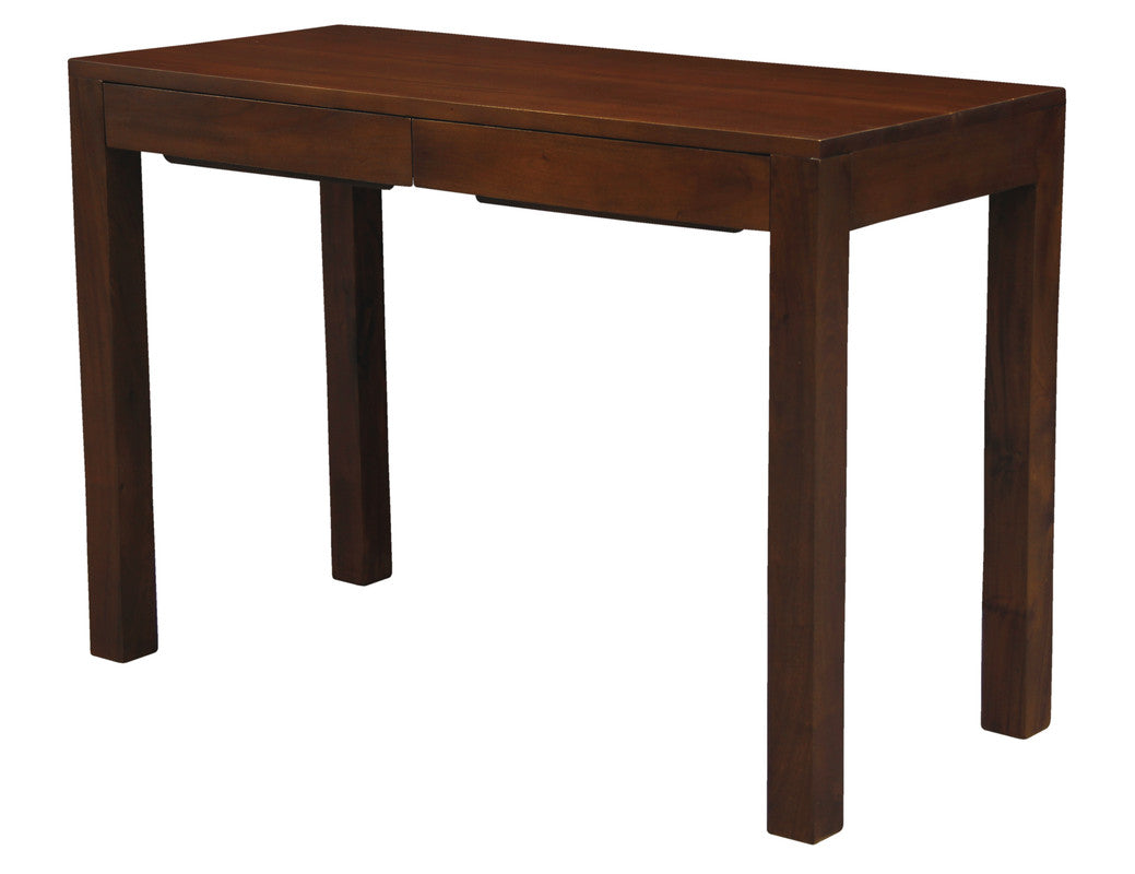 Mahogany solid timber desk with two drawers and flat top, angled view