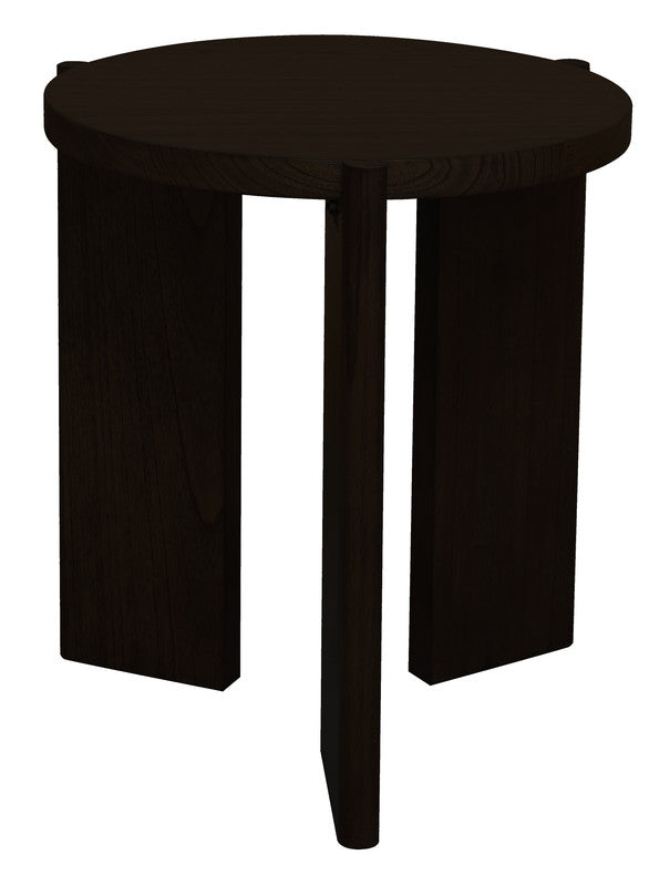 Dark round timber side table with flared legs and round tabletop
