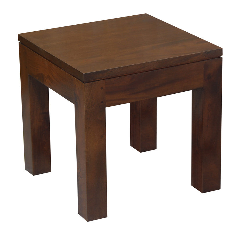 Mahogany timber lamp table, three-quarter view, squared top and tapered legs