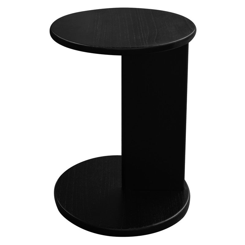 Black round timber side table with stacked circular top and lower shelf