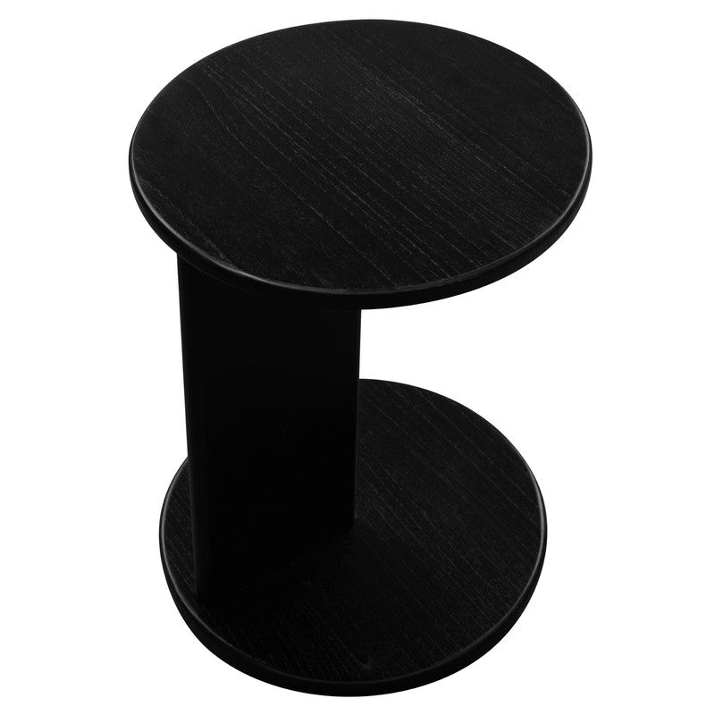 Black round timber lamp table with angled view of circular top and lower shelf