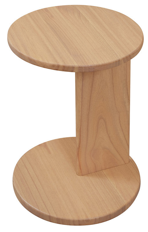 Round natural timber lamp table with circular top and pedestal base, side view.