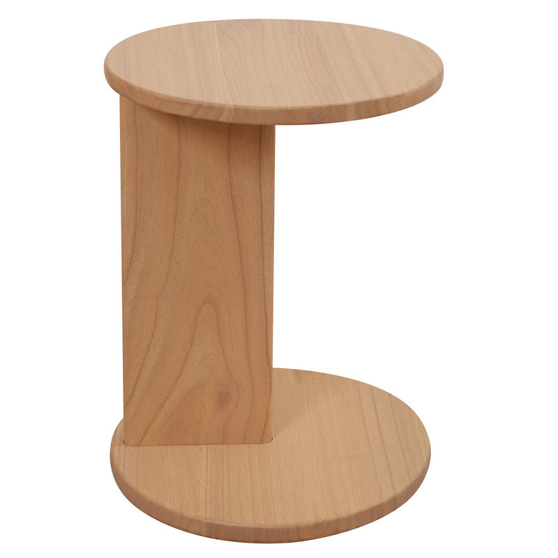 Round natural timber lamp table with circular tabletop and pedestal base, front view.